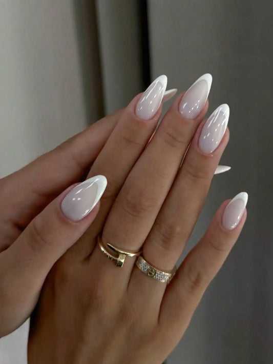 10 pieces of pure handmade almond-shaped nails, pure white French tips